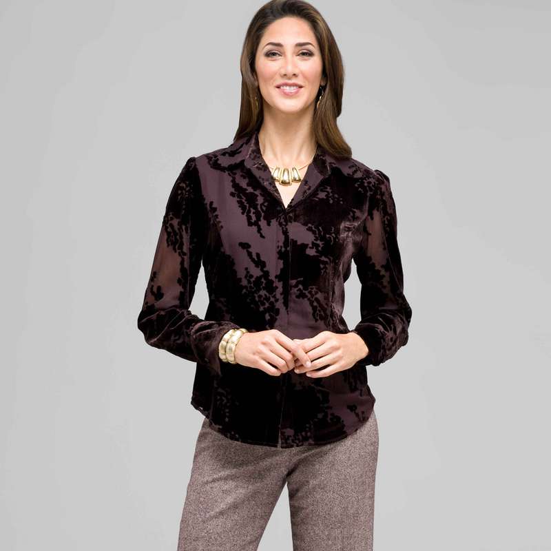 Long Sleeve Covered Placket Blouse, Brown, large image number 0